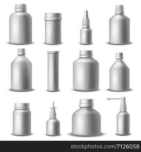 White medical bottles. 3d realistic blank plastic pharmaceutical packaging. Medical and cosmetic containers for spray and pills vector medication package mockup set. White medical bottles. 3d realistic blank plastic pharmaceutical packaging. Medical and cosmetic containers for spray and pills vector set