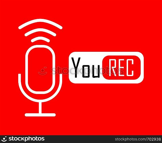White Microphone in linear design with, You Rec icon on red background. Eps10. White Microphone in linear design with, You Rec icon on red background