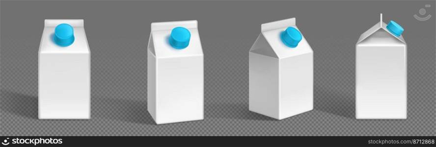 White milk box, square carton pack in front, side and angle view. Vector realistic 3d mockup of blank drink package with blue cap isolated on transparent background. White milk box, square carton pack