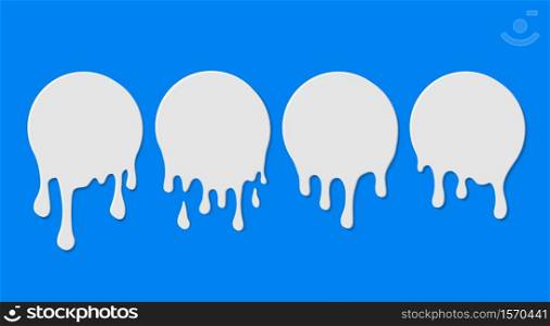 White milk drops. Splash milkshake drips on isolated background. Circle shape of dairy element. Caramel droplets silhouette. Flowing down paint blobs, yogurt or cream dripping fluid texture. vector. White milk drops. Splash milkshake drips on isolated background. Circle shape of dairy element. Caramel droplets silhouette. Flowing down paint blobs, yogurt or cream dripping fluid texture. vector.