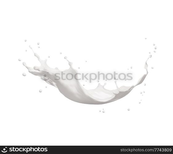 White milk wave splash with splatters and drops. Isolated liquid dynamic motion with scatter droplets, pouring dairy product. Element for package design, promo ad, Realistic 3d vector illustration. White milk wave splash with splatters and drops