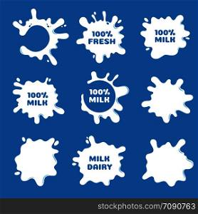 White milk, yogurt and cream splash and blot shapes. Natural dairy product vector labels isolated. Illustration of product yogurt liquid, blot label. White milk, yogurt and cream splash and blot shapes. Natural dairy product vector labels isolated