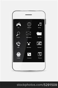 White Mobile Phone with Icons on the Screen. Vector Illustration. EPS10. White Mobile Phone with Icons on the Screen. Vector Illustration