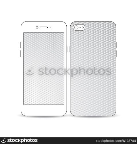 White mobile smartphone with an example of the screen and cover design isolated on white background. Abstract colorful polygonal background, modern stylish triangle vector texture.