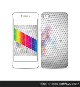 White mobile smartphone with an example of the screen and cover design isolated on white background. Abstract colorful polygonal background, modern stylish triangle vector texture.