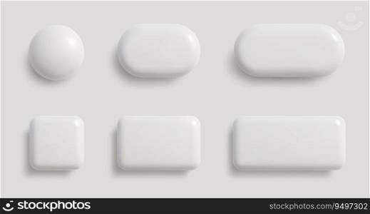 White monochrome 3D button set in different shapes. Blank glossy round, square and rectangle badges.
