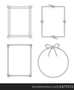White monochrome rectangular and round rope frames realistic set with simple slip and bow knots vector illustration. Rope Knots Frames Set