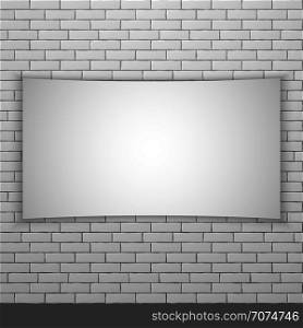 White movie screen or banner on white brick wall. Poster template. Vector illustration. White movie screen or banner on white brick wall