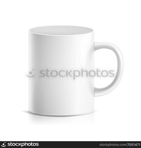 White Mug Vector. 3D Realistic Ceramic Or Plastic Cup Isolated On White Background. Classic Cafe Cup Mock Up With Handle Illustration. Good For Business Branding, Corporate Identity. White Mug Vector. 3D Realistic Ceramic Or Plastic Cup Isolated On White Background. Classic Cafe Cup Mock Up With Handle Illustration. Good For Business Branding