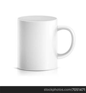 White Mug Vector. 3D Realistic Ceramic Or Plastic Cup Isolated On White Background. Classic Cafe Cup Mock Up With Handle Illustration. Good For Business Branding, Corporate Identity. White Mug Vector. 3D Realistic Ceramic Or Plastic Cup Isolated On White Background. Classic Cafe Cup Mock Up With Handle Illustration. Good For Business Branding