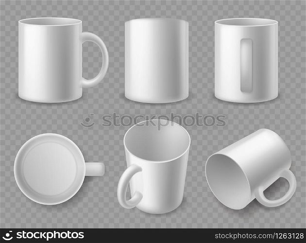 White mugs. Realistic ceramic cups of different sides, mockup for espresso and cappuccino, tea and coffee, porcelain dishes 3d isolated vector template. White mugs. Realistic ceramic cups of different sides, mockup for espresso and cappuccino, tea and coffee, porcelain dishes 3d vector template