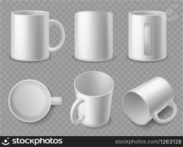 White mugs. Realistic ceramic cups of different sides, mockup for espresso and cappuccino, tea and coffee, porcelain dishes 3d isolated vector template. White mugs. Realistic ceramic cups of different sides, mockup for espresso and cappuccino, tea and coffee, porcelain dishes 3d vector template