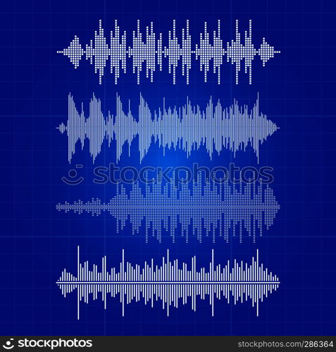 White music waves collection - musical pulse on blue backdrop. Equalizer white sound wave digital, frequency, pulse melody waveform, vector illustration. White music waves collection - musical pulse on blue backdrop