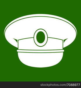 White nautical hat icon white isolated on green background. Vector illustration. White nautical hat icon green