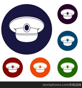 White nautical hat icons set in flat circle red, blue and green color for web. White nautical hat icons set