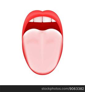 White or coated tongue. Dry mouth. Open human taste organ with symptoms of stomatitis, candidiasis or glossitis bacterial infection isolated on white background. Vector realistic illustration. White or coated tongue. Dry mouth. Open human taste organ with symptoms of stomatitis, candidiasis or glossitis bacterial infection