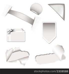 White or silver tags and elements with torn paper and corner icons