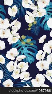 white orchid floral seamless pattern with tropical leaves on white background.