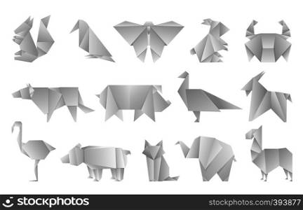 White origami animals. Geometric folded paper shapes, abstract bird dragon butterfly polygon templates. Vector japan origami design zoo asia illustration. White origami animals. Geometric folded paper shapes, abstract bird dragon butterfly polygon templates. Vector japan origami design