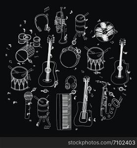 White outline hand drawn musical instruments silhouette in circle shape. Black background. Illustration.. White hand drawn musical instruments in circle
