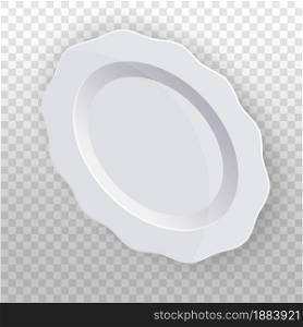 White oval plate with a wavy edge. Clean tableware for the kitchen. Porcelain. Vector template for food display. Top view
