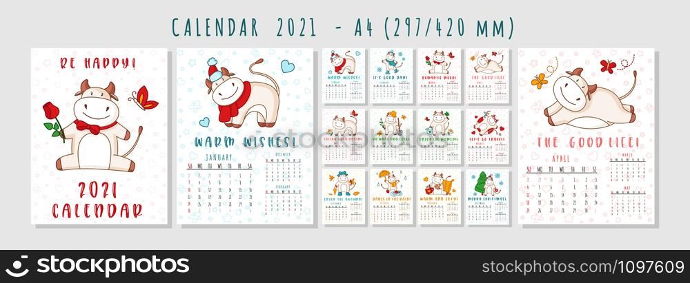 White ox calendar or planner A4 format for 2021 with kawaii cartoon ox, bull or cow, symbol of new year, cute characters - Cover and 12 monthly pages. Week starts on Monday, vector editable template. Cartoon white ox vector