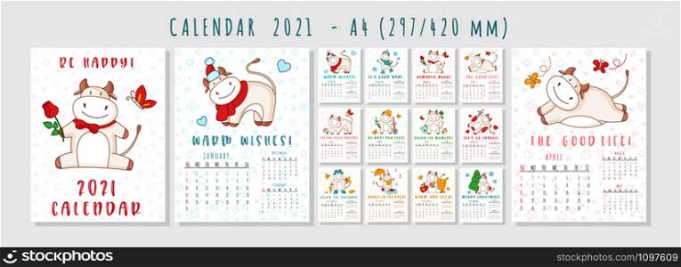 White ox calendar or planner A4 format for 2021 with kawaii cartoon ox, bull or cow, symbol of new year, cute characters - Cover and 12 monthly pages. Week starts on Monday, vector editable template. Cartoon white ox vector