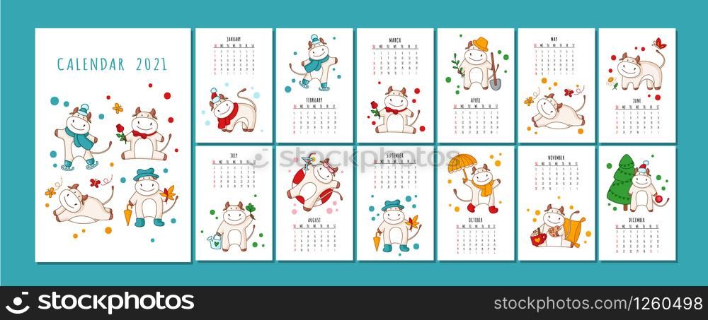 White ox calendar or planner A4 format for 2021 with kawaii cartoon ox, bull or cow, symbol of new year, cute characters - Cover and 12 monthly pages. Week starts on Monday, vector printable template. White ox calendar or planner