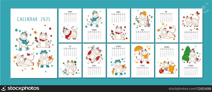 White ox calendar or planner A4 format for 2021 with kawaii cartoon ox, bull or cow, symbol of new year, cute characters - Cover and 12 monthly pages. Week starts on Monday, vector printable template. White ox calendar or planner