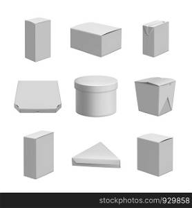 White packages. Realistic template of empty packs. Vector pack and package, packaging box cardboard illustration. White packages. Realistic template of empty packs