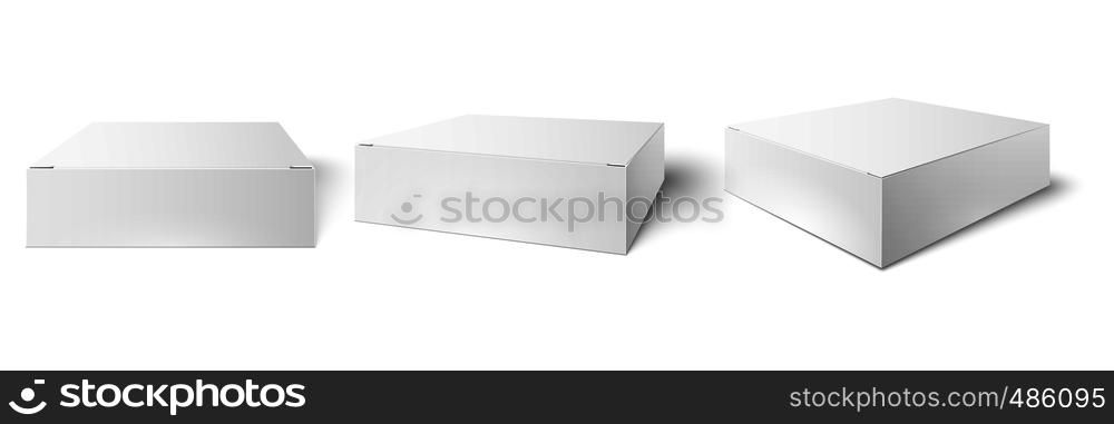 White packaging box. Blank mockup, package cube perspective view and consumer product boxes mockups. Packing medical container pack 3d realistic vector illustration isolated sign set. White packaging box. Blank mockup, package cube perspective view and consumer product boxes mockups 3d vector illustration set