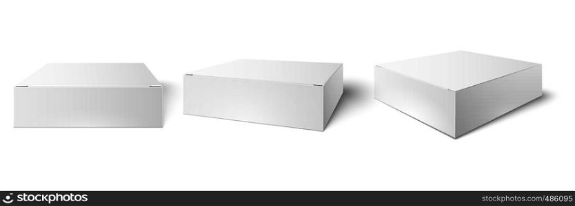 White packaging box. Blank mockup, package cube perspective view and consumer product boxes mockups. Packing medical container pack 3d realistic vector illustration isolated sign set. White packaging box. Blank mockup, package cube perspective view and consumer product boxes mockups 3d vector illustration set