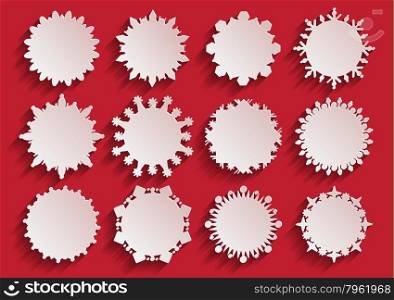 White Paper 3d Snowflake Frames on a Red Background. Vector illustration.