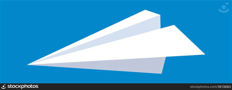 White paper airplane. Handmade origami airplane angle view. Flight transport or travel, correspondence and message sign aircraft simple flat single icon vector isolated on blue background illustration. White paper airplane. Handmade origami airplane angle view. Flight transport or travel, correspondence and message sign. Aircraft single vector icon isolated on blue background illustration