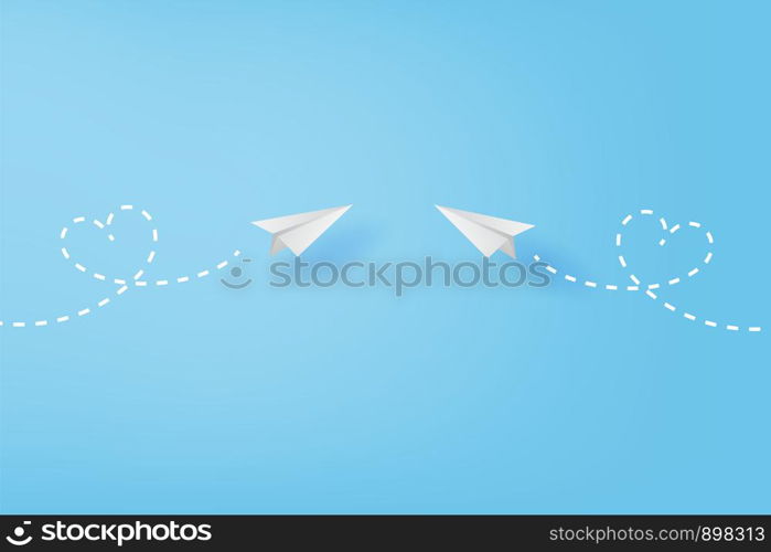 White paper airplanes flying heart concept on blue sky.Creative design paper cut and craft style business success and leadership idea.Minimal decoration pastel color background,Vector illustration.