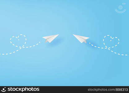 White paper airplanes flying heart concept on blue sky.Creative design paper cut and craft style business success and leadership idea.Minimal decoration pastel color background,Vector illustration.