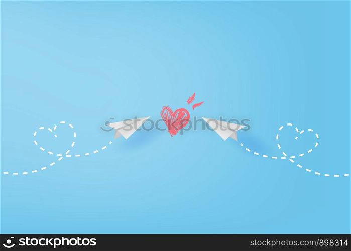 White paper airplanes flying of heart drawing paint concept on blue sky.Creative design paper cut and craft style business success and leadership idea.Minimal pastel background,Vector illustration.