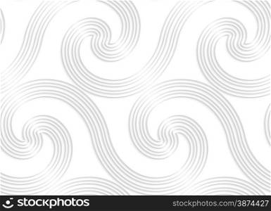 White paper background. Seamless patter with cut out paper effect. Realistic shadow creates 3D modern texture.Paper white striped spiral waves big.