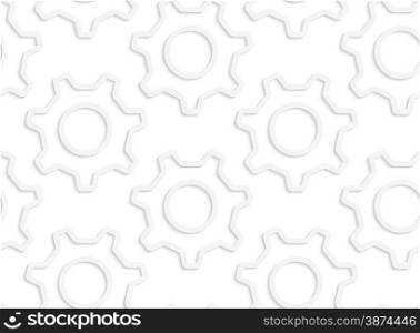 White paper background. Seamless patter with cut out paper effect. Realistic shadow creates 3D modern texture.Paper white simple gears contoured.