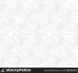 White paper background. Seamless patter with cut out paper effect. Realistic shadow creates 3D modern texture.Paper white twisted striped sea shells.