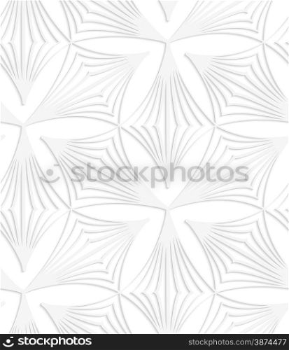 White paper background. Seamless patter with cut out paper effect. Realistic shadow creates 3D modern texture.Paper white pointy striped trefoils.