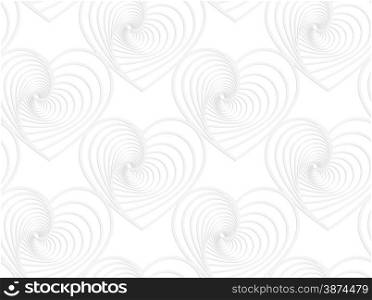 White paper background. Seamless patter with cut out paper effect. Realistic shadow creates 3D modern texture.Paper white striped hearts.