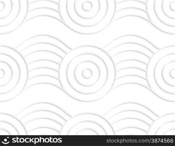 White paper background. Seamless patter with cut out paper effect. Realistic shadow creates 3D modern texture.Paper white circles on bulging ribbon.