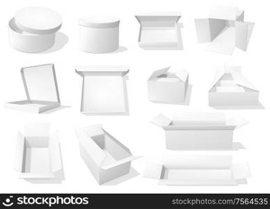 White paper boxes, empty blank product packages, vector realistic mockup templates. White cardboard carton square and round, rectangular and narrow boxes for pizza delivery, storage and shipping packs. White cardboard boxes, paper package mockups