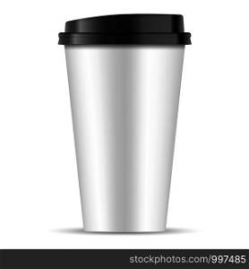 White paper coffee Cup with black lid isolated on white background. 3d realistic Coffee Cup Mockup. EPS10 Vector Template design illustration.. White paper coffee Cup with black lid isolated