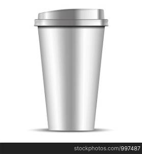 White paper coffee Cup with white lid isolated on white background. 3d realistic Coffee Cup Mockup. EPS10 Vector Template design illustration.. White paper coffee Cup with white lid isolated
