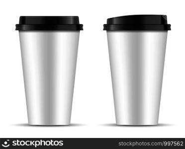 White paper coffee Cups set with different shape black lids isolated on white background. EPS10 Vector Template design illustration. 3d realistic Coffee Cup Mockup. . White paper coffee Cups set with different shape black lid
