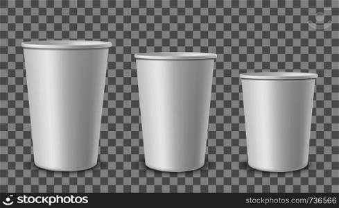 White paper cups. Cup for drinks, lemonade juice coffee tea ice cream container in different size. Empty 3d realistic plastic or cardboard takeaway disposable cup vector mockup. White paper cups. Cup for drinks, lemonade juice coffee tea ice cream container in different size. Empty 3d realistic vector mockup