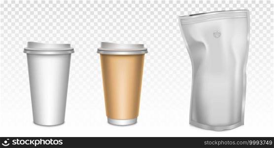White paper cups for tea and coffee and foil zip lock bag with degassing valve. Vector realistic mockup of disposable mugs with plastic caps and brown holder for hot drinks and coffee pouch package. Paper cups for tea and coffee, foil zip lock bag