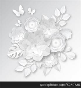 White Paper Flowers Composition Card . Elegant white paper cut flowers 3d bridal arrangement with monstera leaf and butterfly handcraft realistic vector illustration